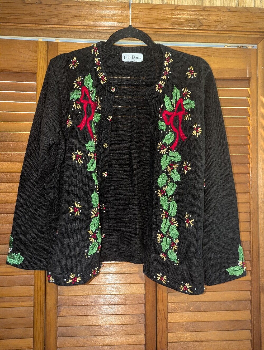 Vintage Embroidered Christmas Holiday Winter Cardigan With Bows Detail